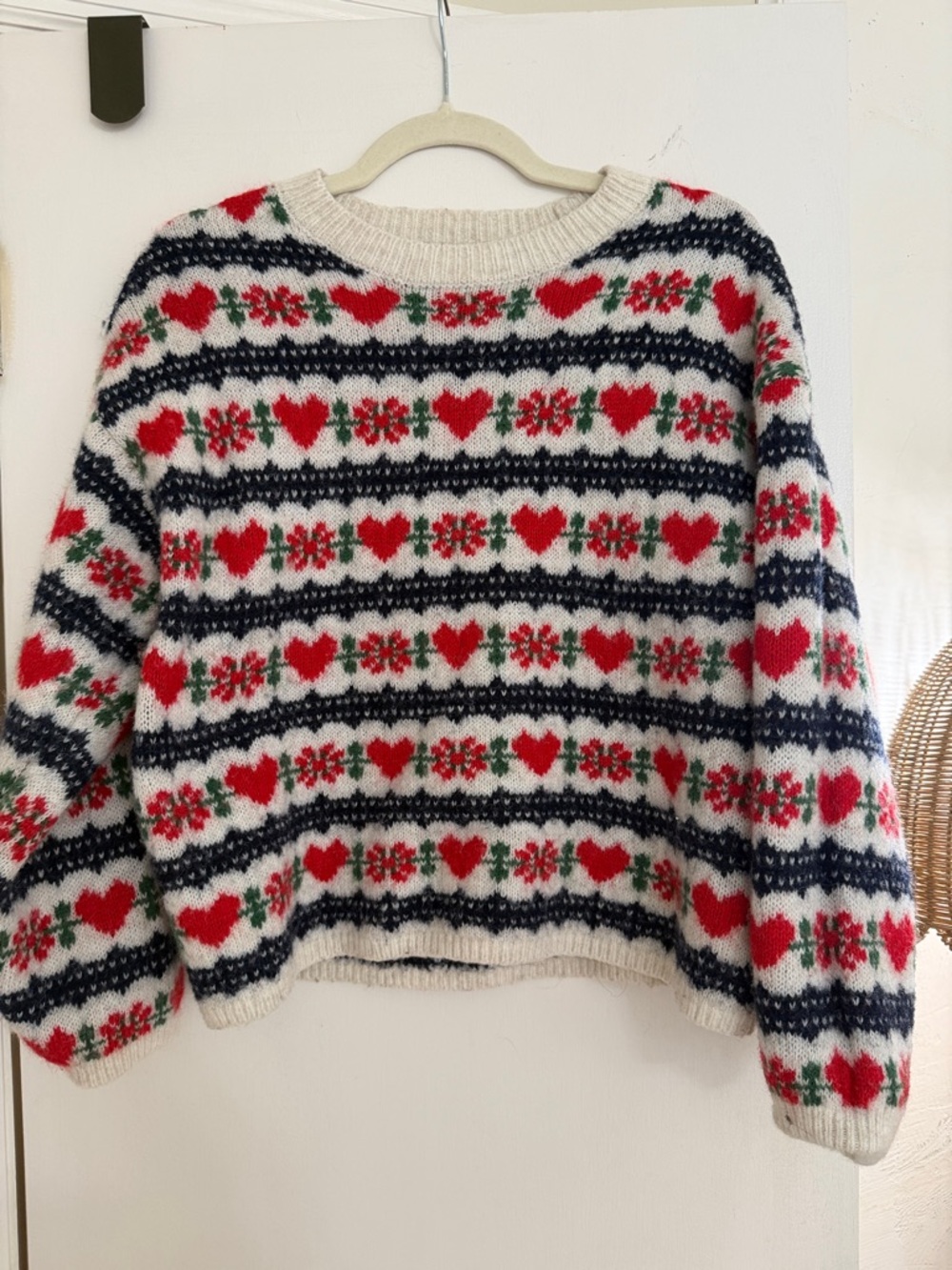 Old Navy Cozy Crewneck Heart & Floral Fair Isle Sweater - Cream/Red/Blue